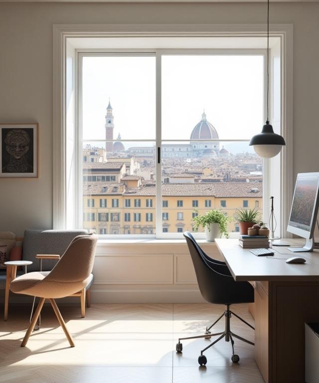 Interno di uno studio di design moderno con vista sui tetti di Firenze